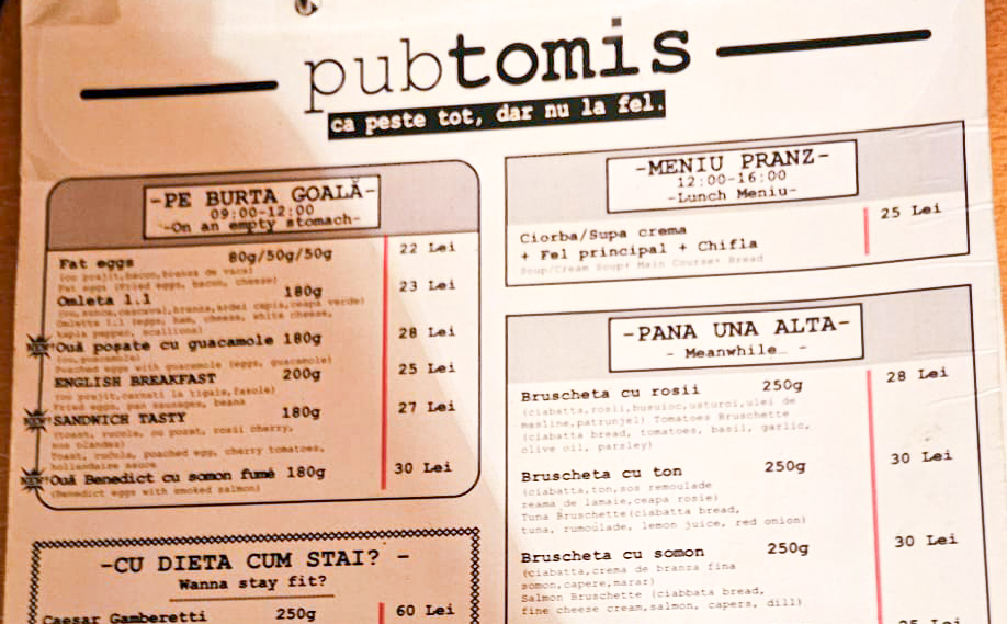 Meniu Pub Bistro Tomis Constanța Piața Ovidiu 2023